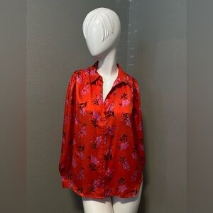 ANN TAYLOR  Women’s Red & Pink Floral Button Down Long Sleeves Blouse Size S